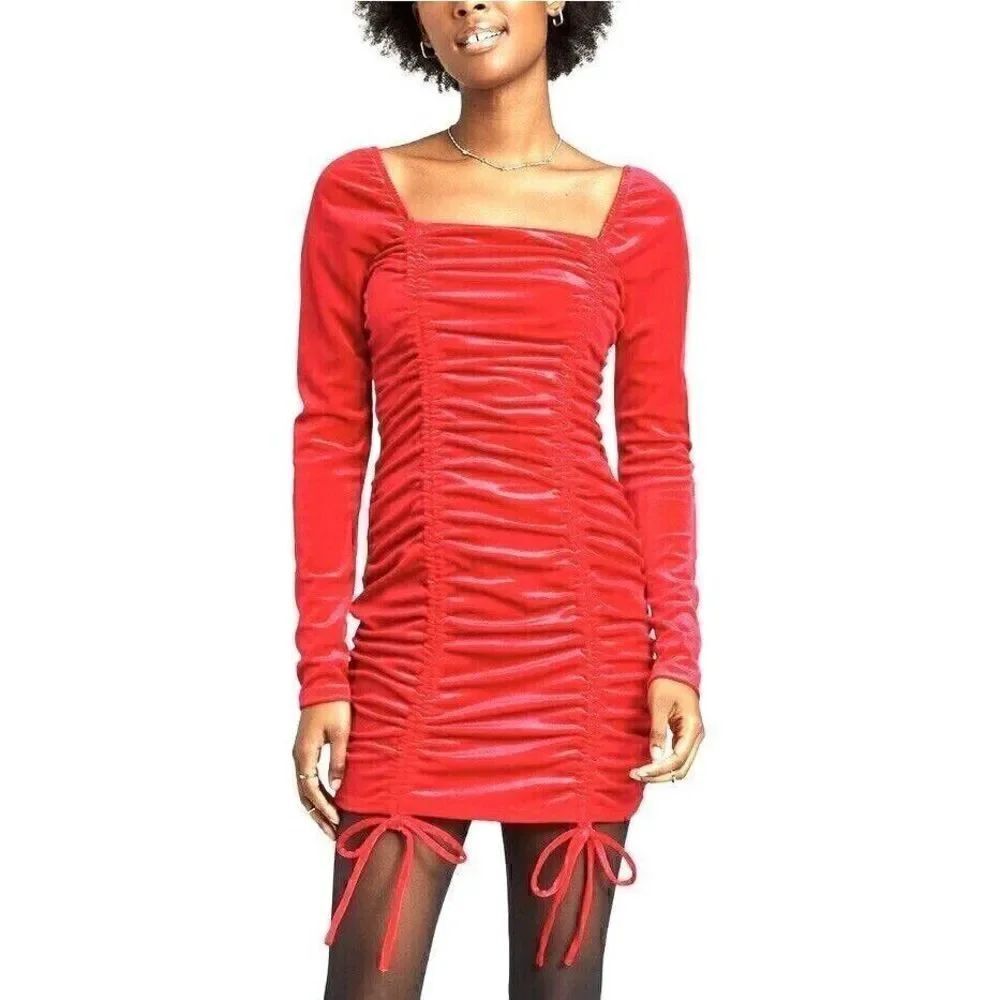 Wild Fable Long Sleeve Ruched Red Velvet Bodycon Dress Size M -